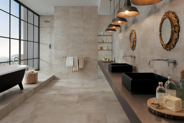 Piastrelle dei bagni in stile moderno con doccia