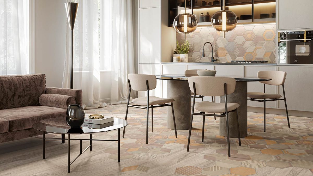 cucina open space abbinamento parquet e piastrelle