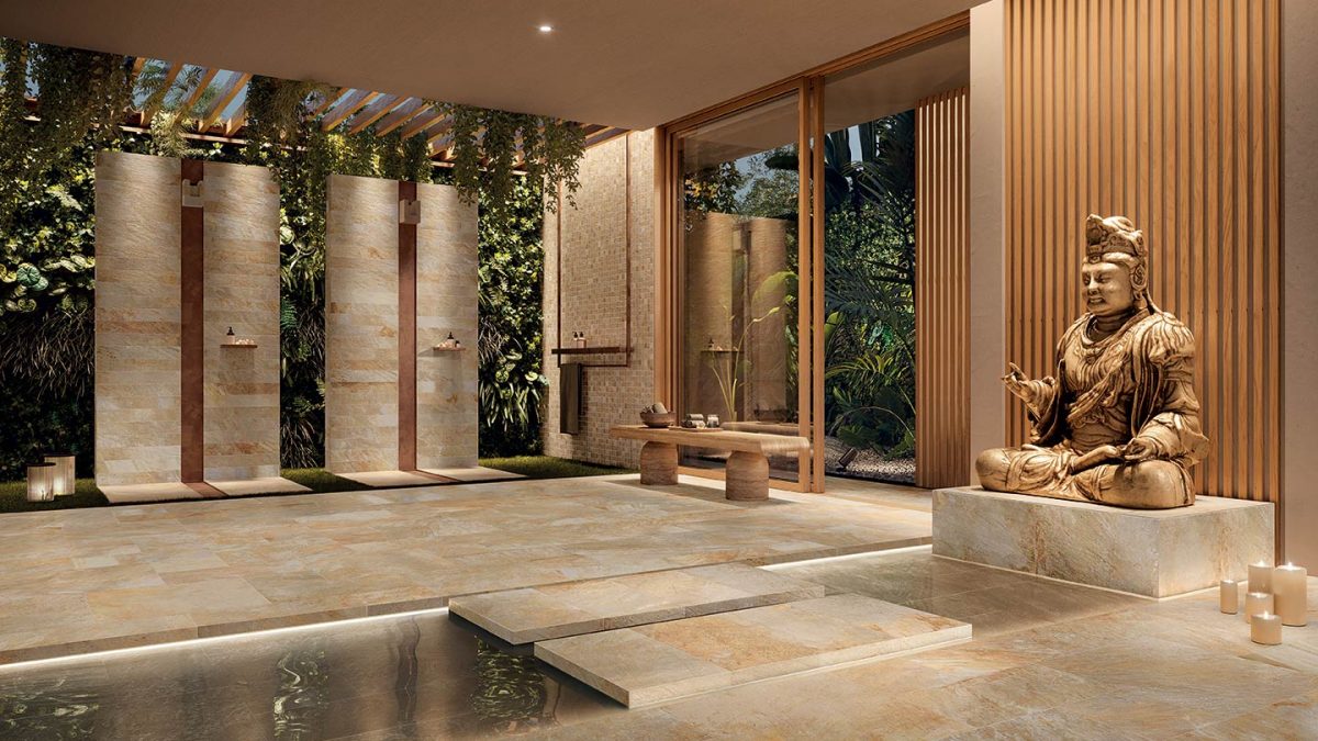  design biofilico con piastrelle effetto pietra